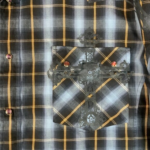 Empra Mens 3XL Plaid Western Shirt Cross Angel Wings Detail Diamond Snaps - Picture 5 of 6